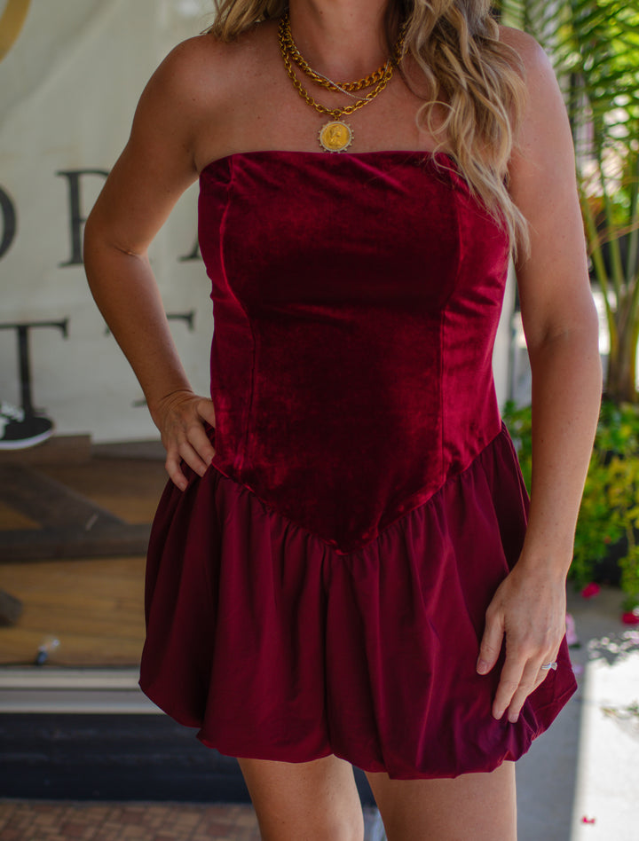 Take Me Out Velvet Strapless Bubble Hem Dress in Wine
