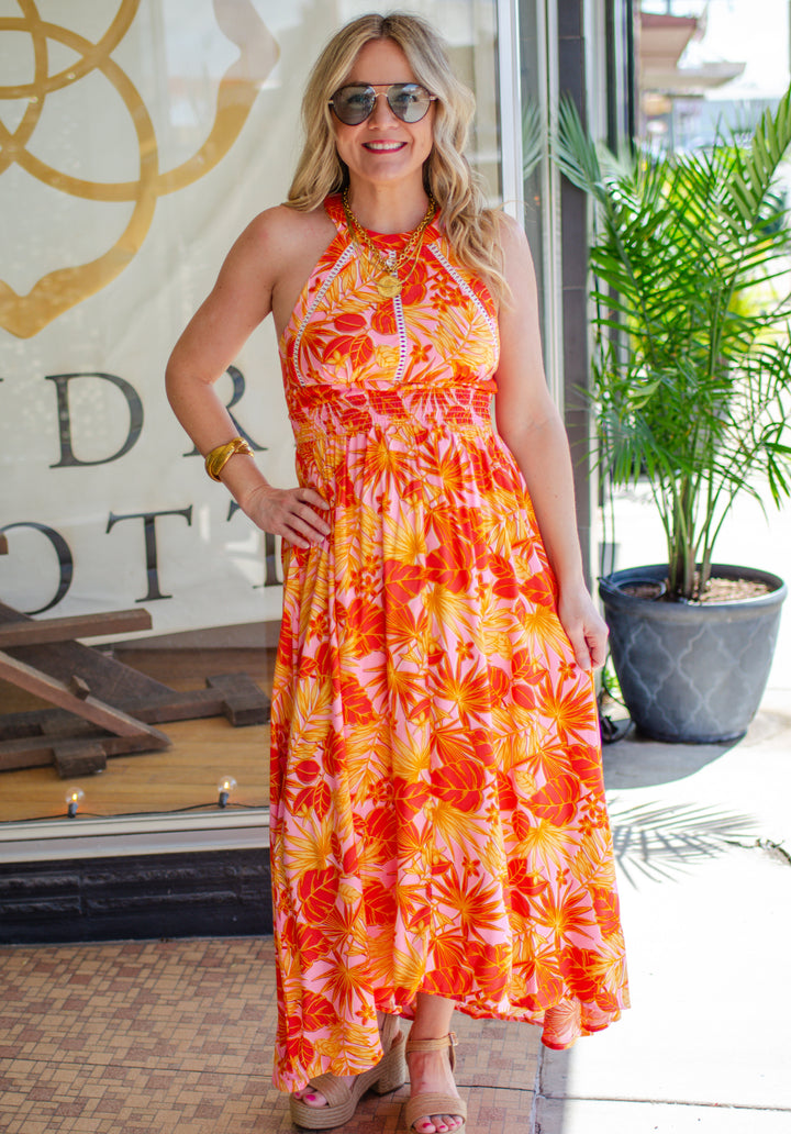 Coastal Sunset Floral Print Halter Maxi Dress