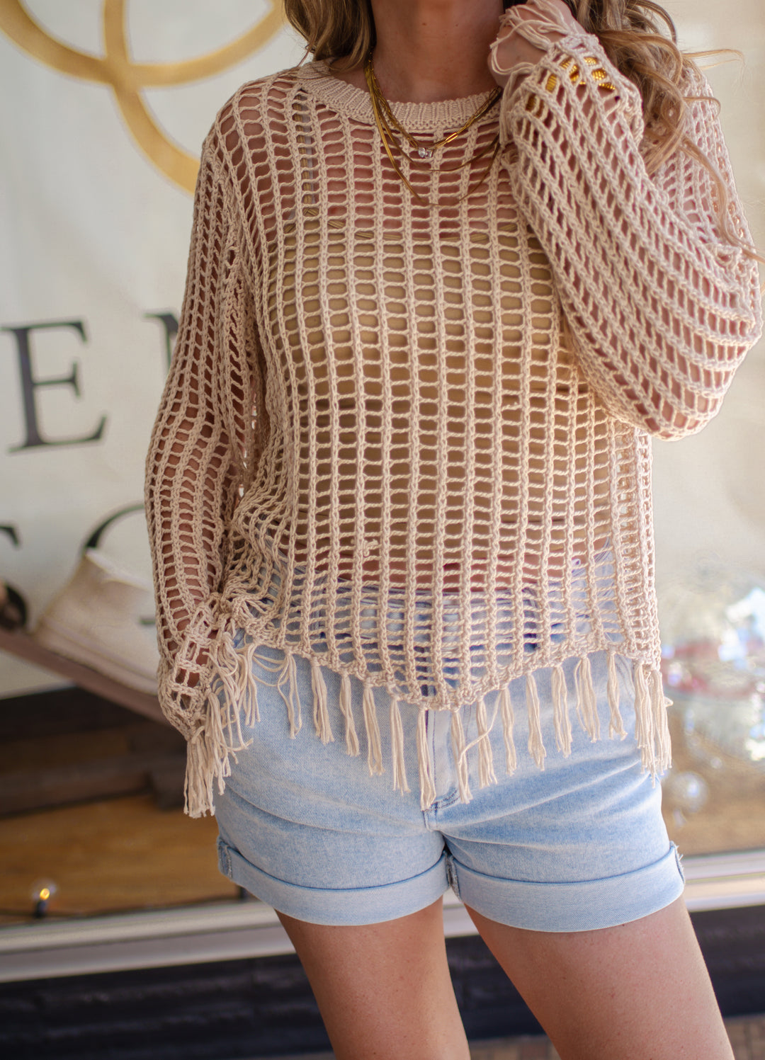 Feeling The Fringe Crochet Knit Long Sleeve Top in Natural