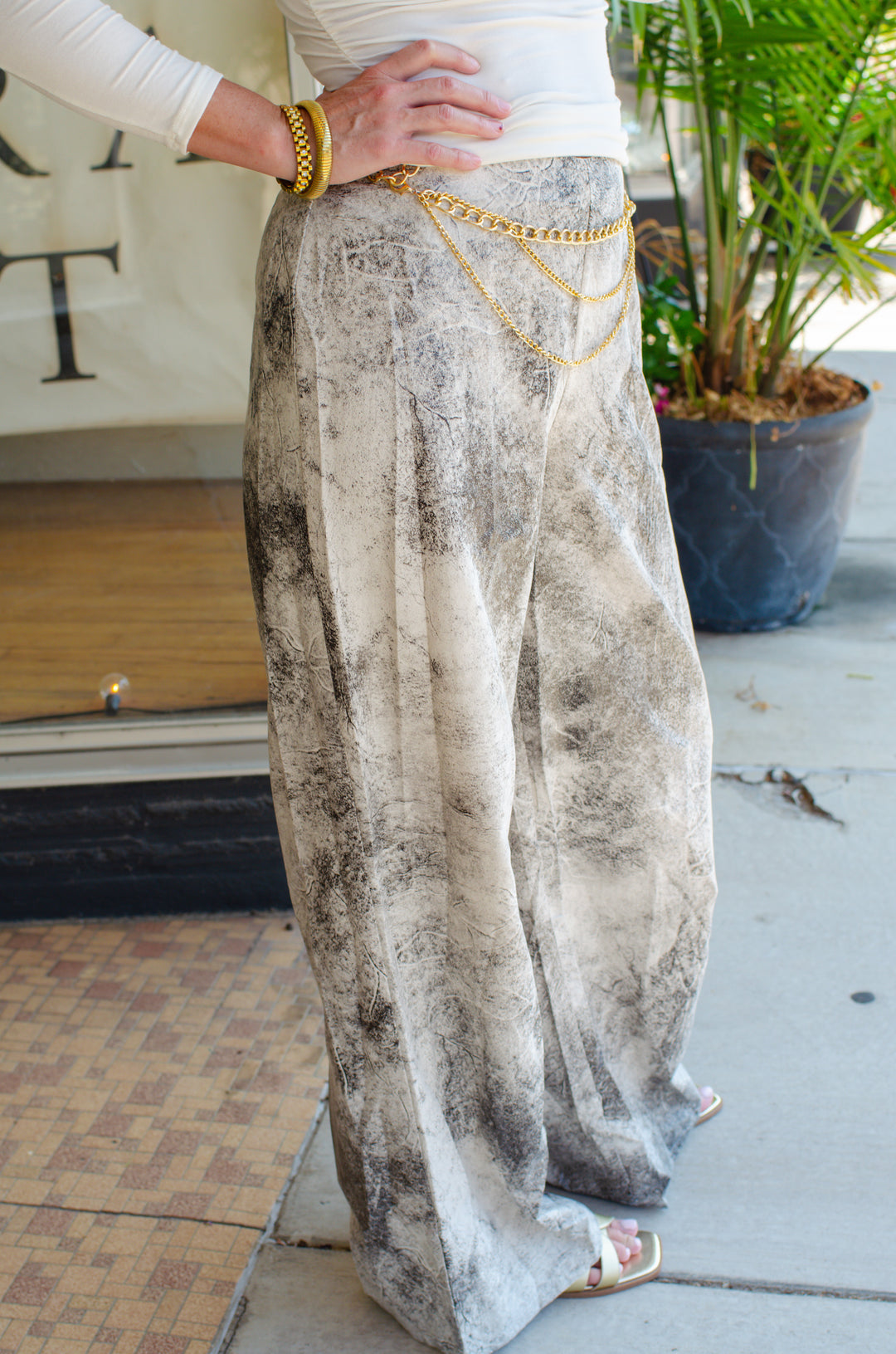 City Chic Gold Belted Pants in Cream