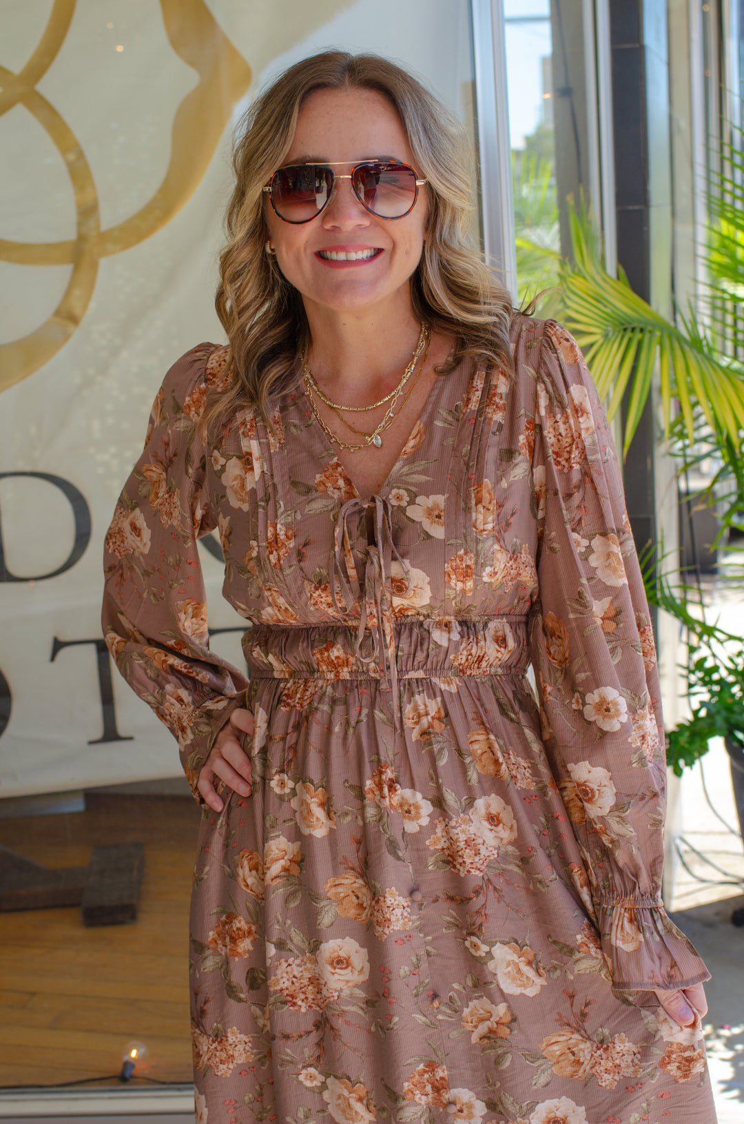 Fall Beauty Empire Waist Floral Maxi Dress in Taupe