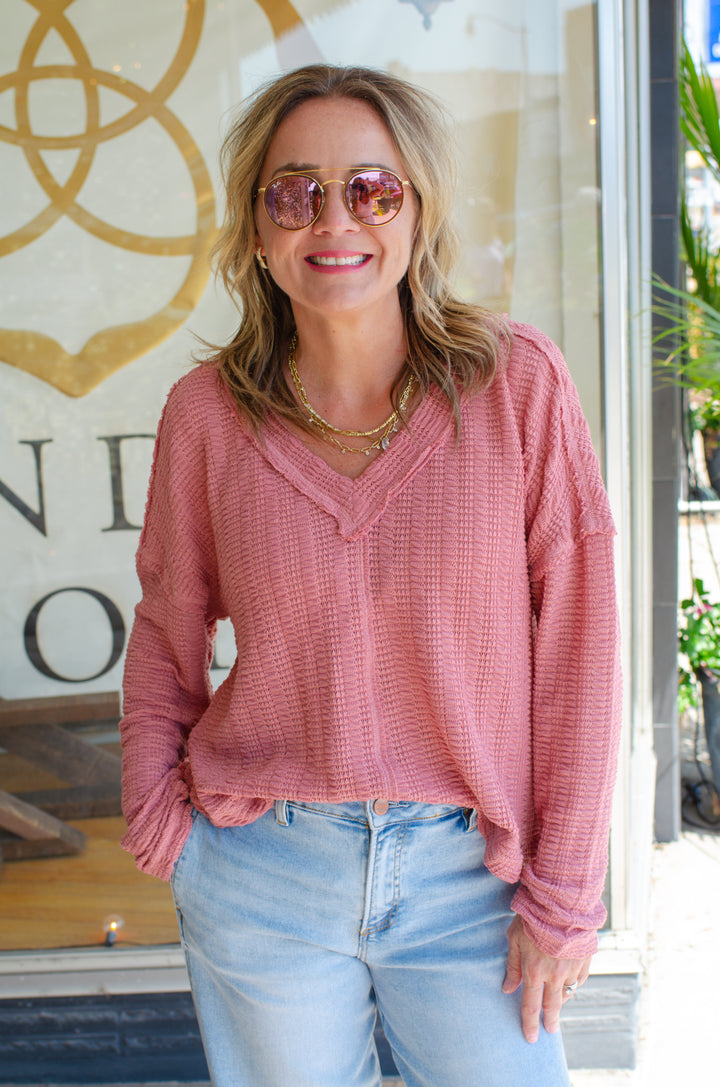 Our Time Textured V-Neck Long Sleeve Top in Mauve