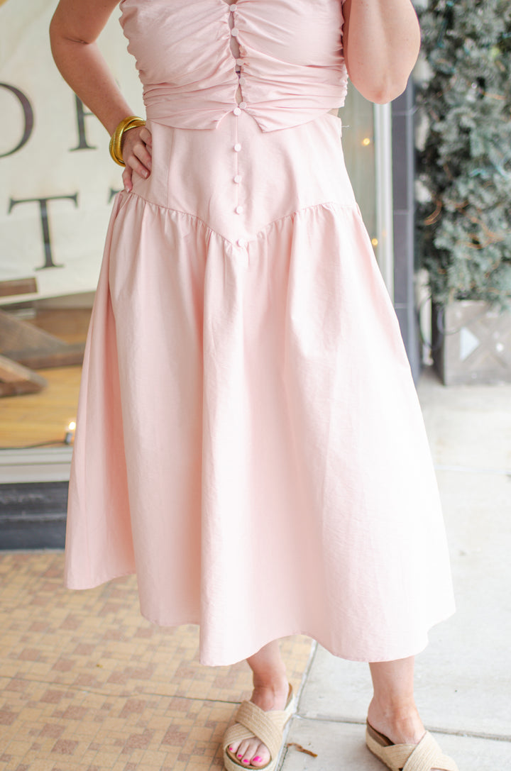 Precious Moments High Rise Button Down Skirt in Blush