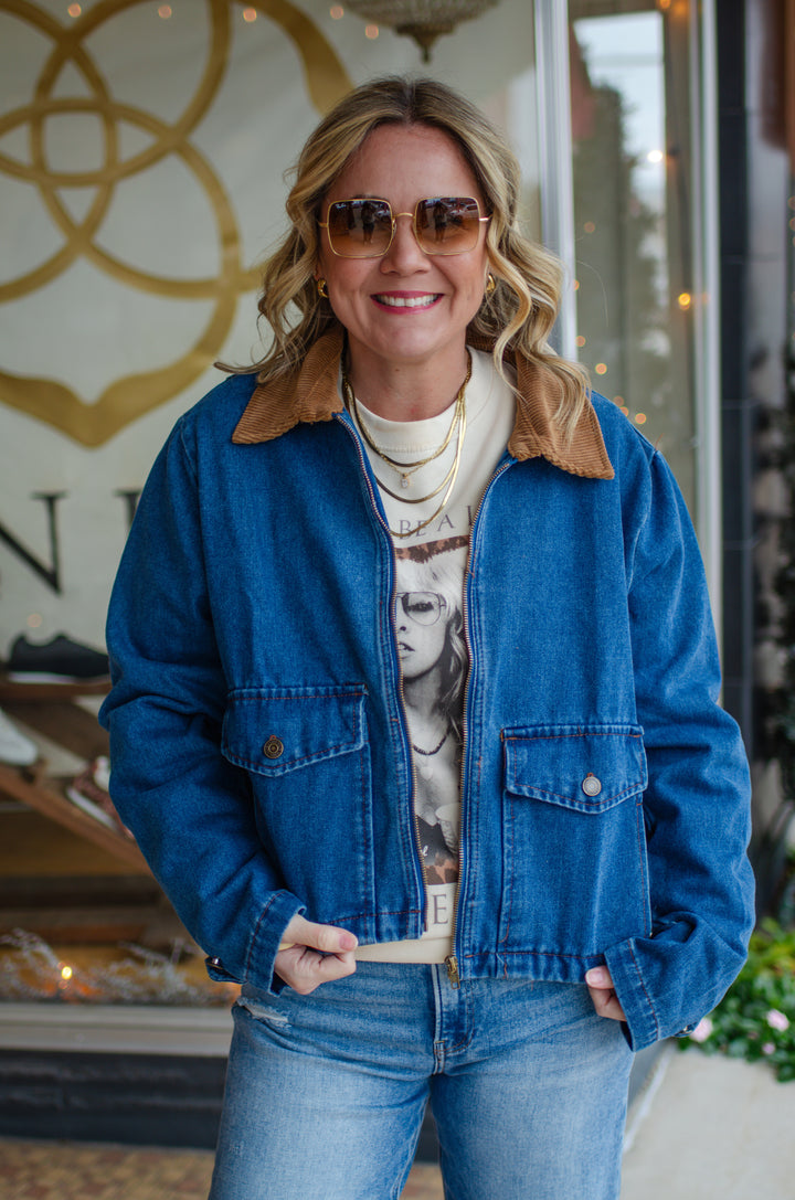 On Trends Denim Barn Style Jacket with a Corduroy Collar