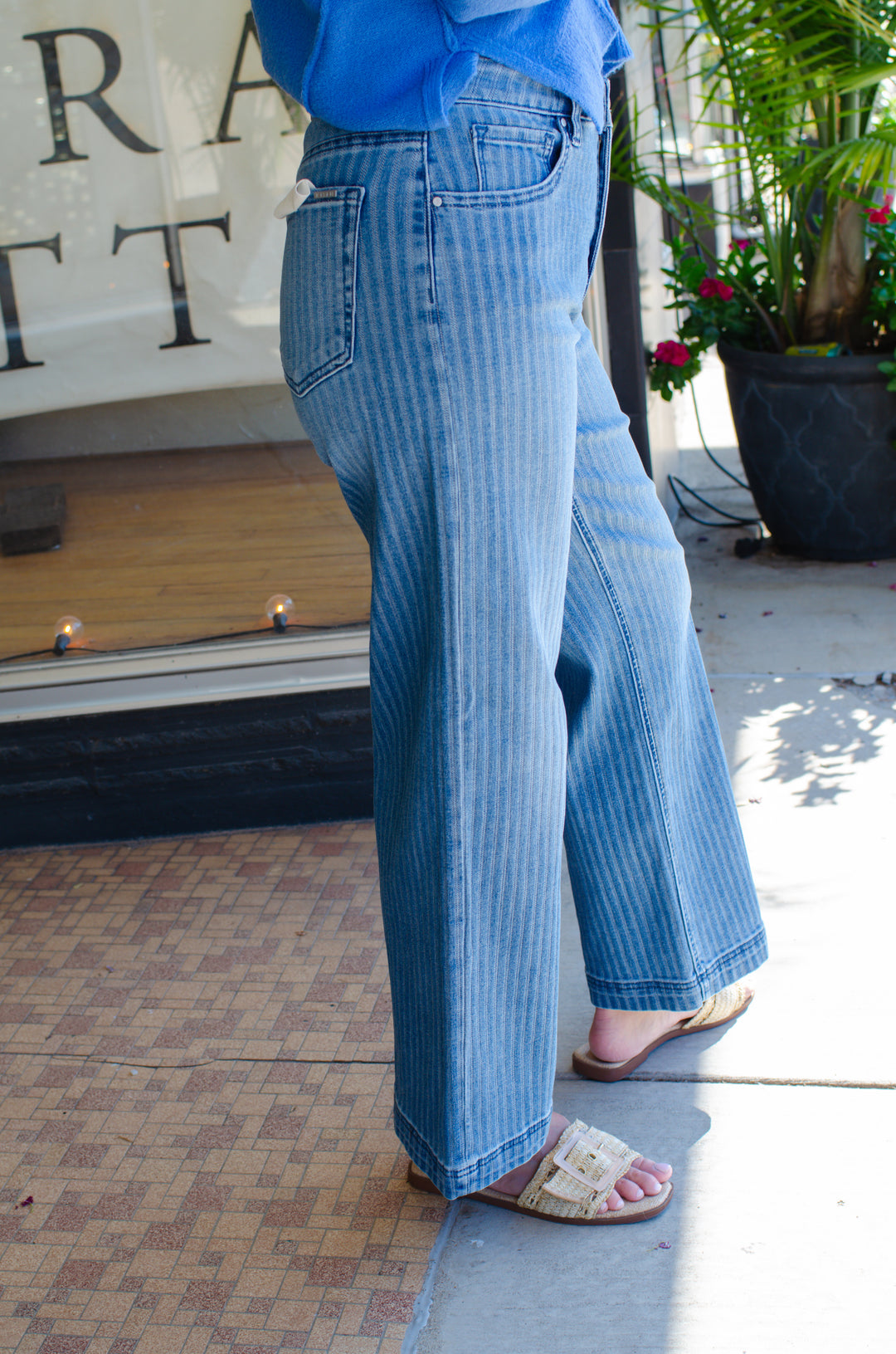 Risen Tummy Control High Rise Crop Straight Stripe Jeans in Medium Wash