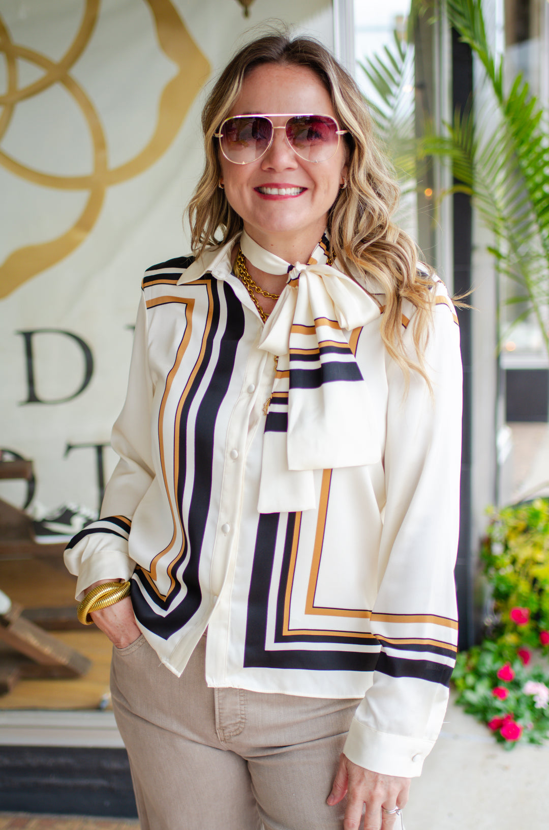 Perfectly Posh Button Down Top with Neck Scarf in Cream