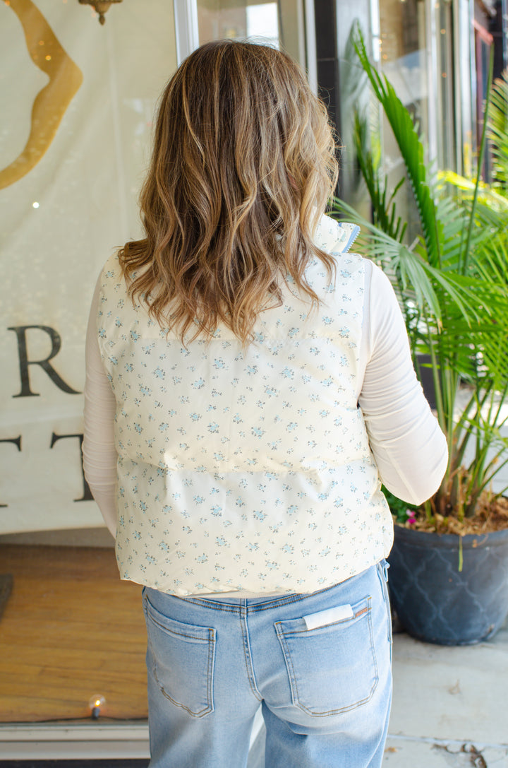 Floral Puffer Vest in Blue