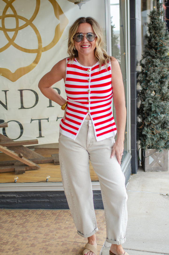 Make Our Way Red & White Knit Stripe Gold Button Down Top
