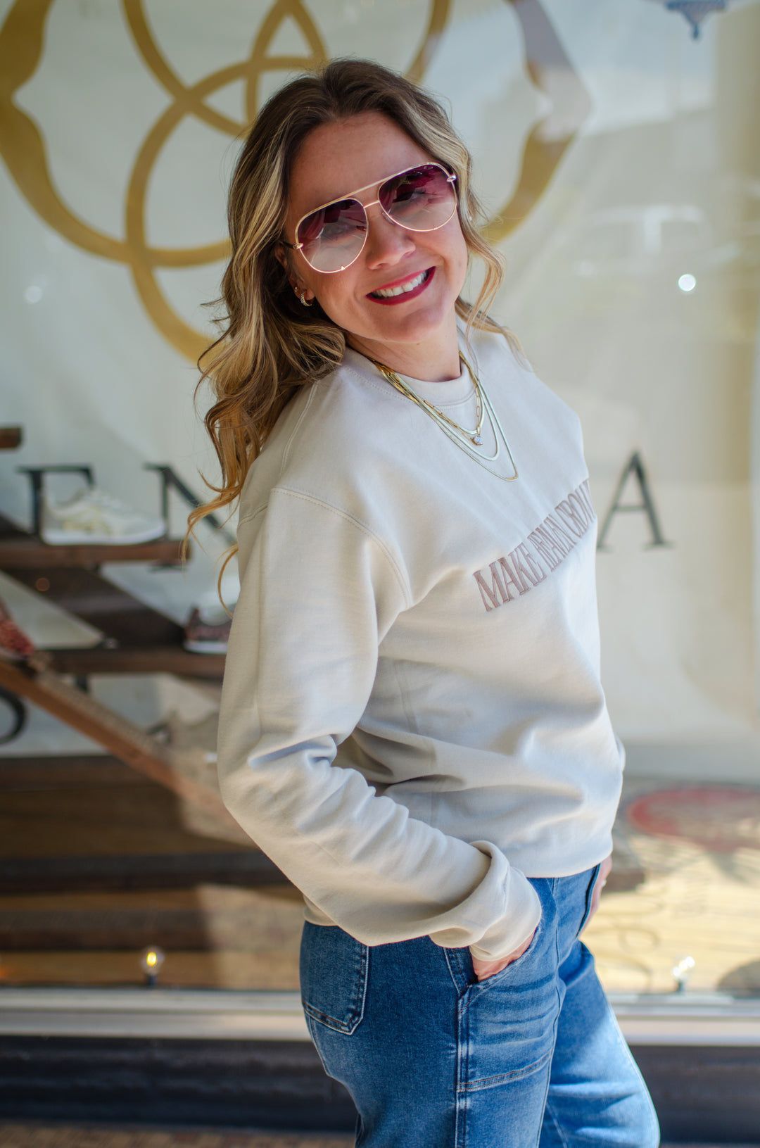 Make Heaven Crowded Embroidered Fleece Sweatshirt in Sand