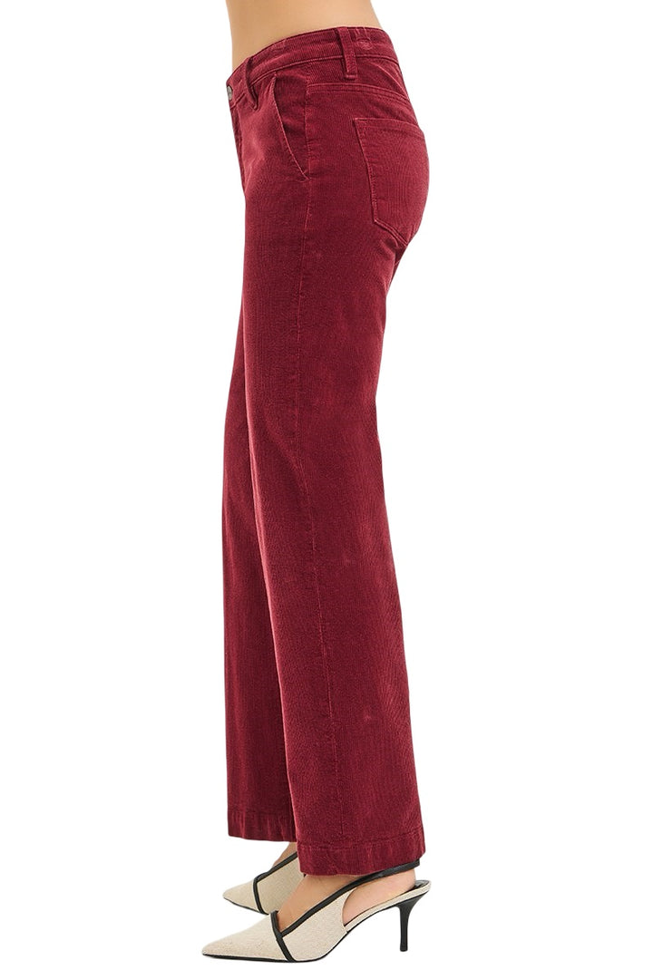 Risen Tummy Control Mid Rise Ankle Straight Leg Corduroy Pants in Wine