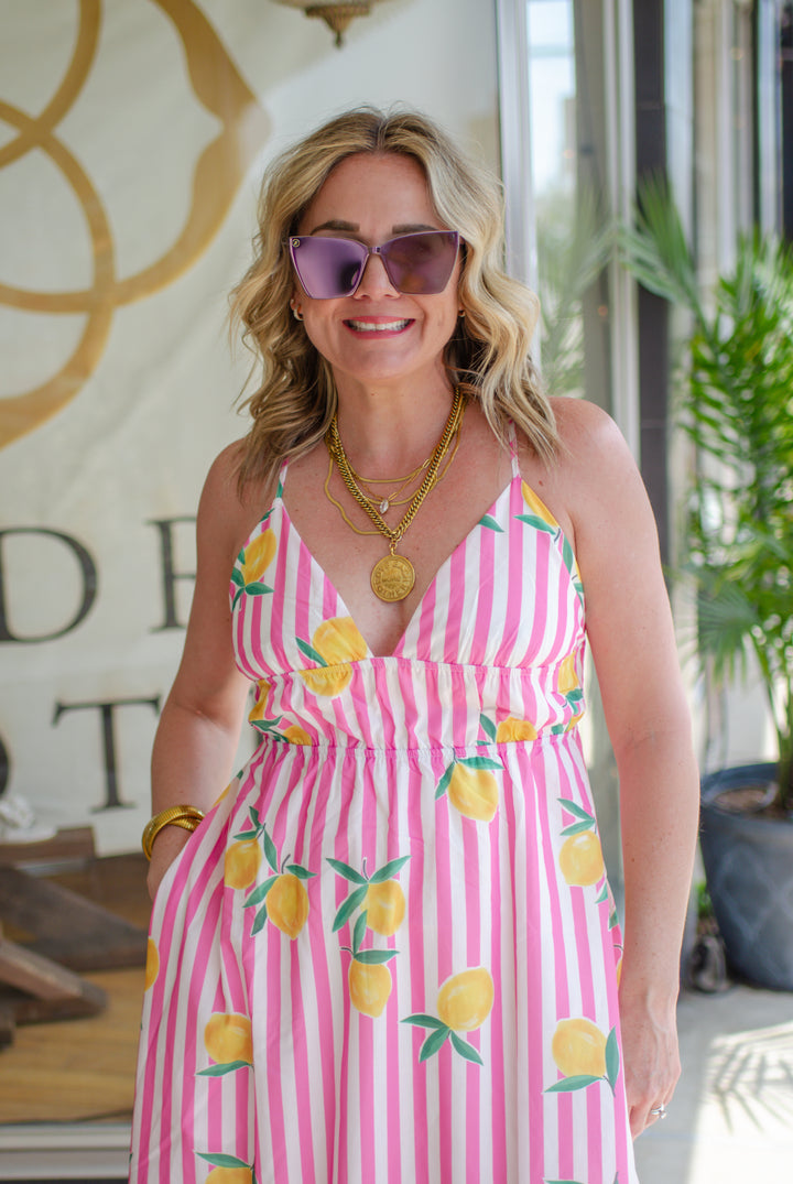 Italian Summer Lemon Pink Stripe Maxi Dress