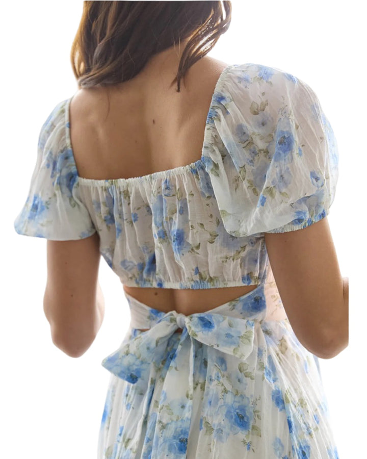 Tea Time Floral Corset Top Tie Back Dress in Blue