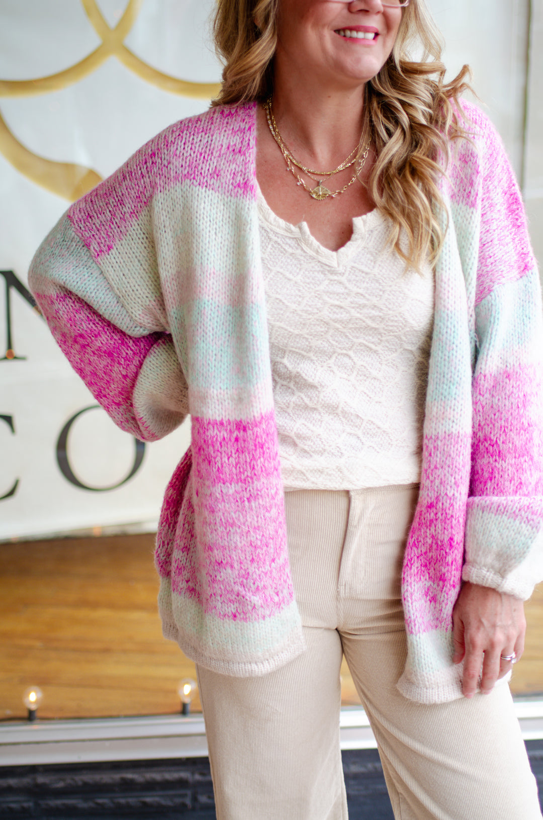 Sunset Dreamer Pink & Teal Stripe Knit Cardigan