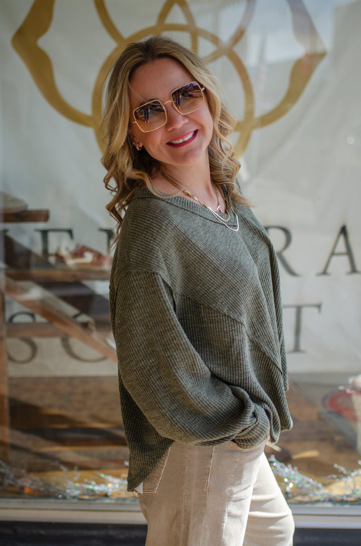 Our Love V-Neck Long Sleeve Side Cut Top in Olive