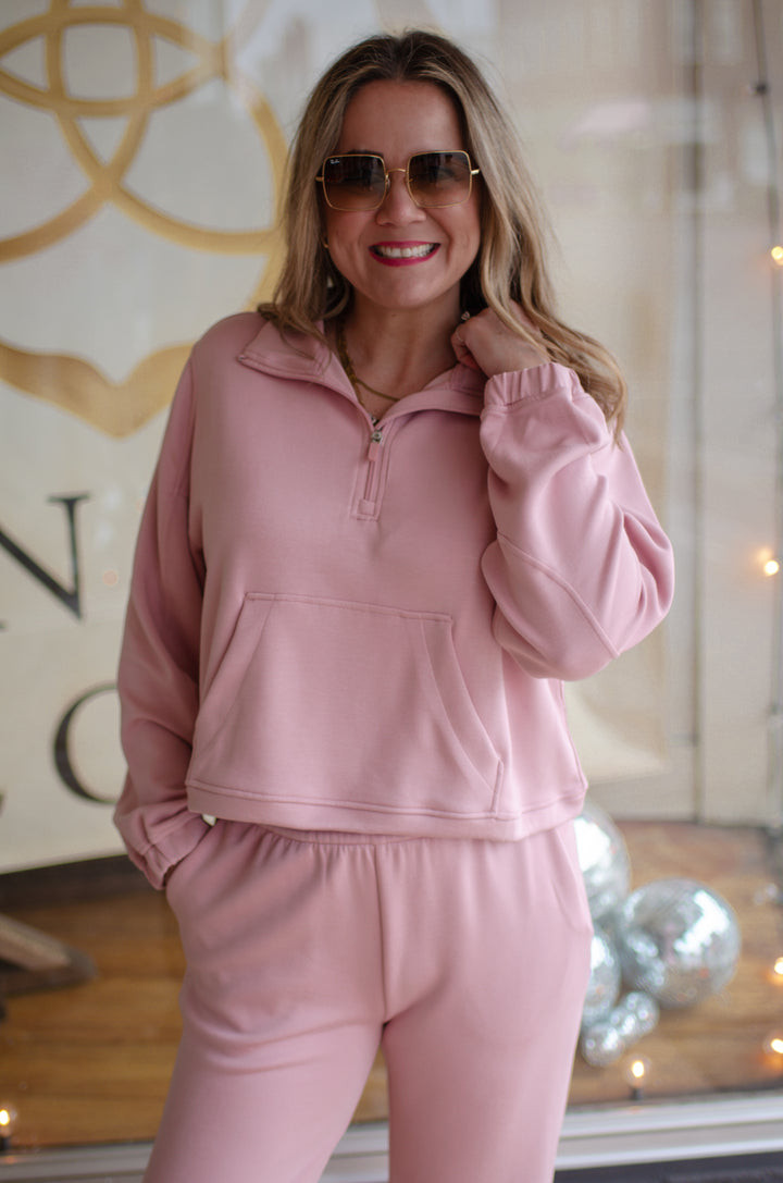 Perfect Travel Buttery Soft Half Zip Pullover Collared Top in Powder Pink