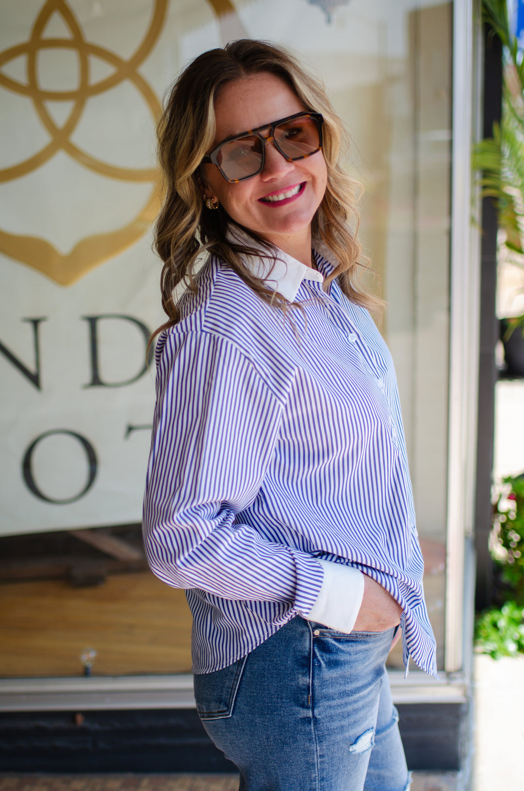 Make My Day Stripe Button Down Top in Navy