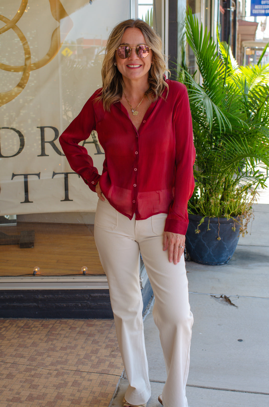 Shimmering Nights Metallic Button Down Long Sleeve Top in Burdundy