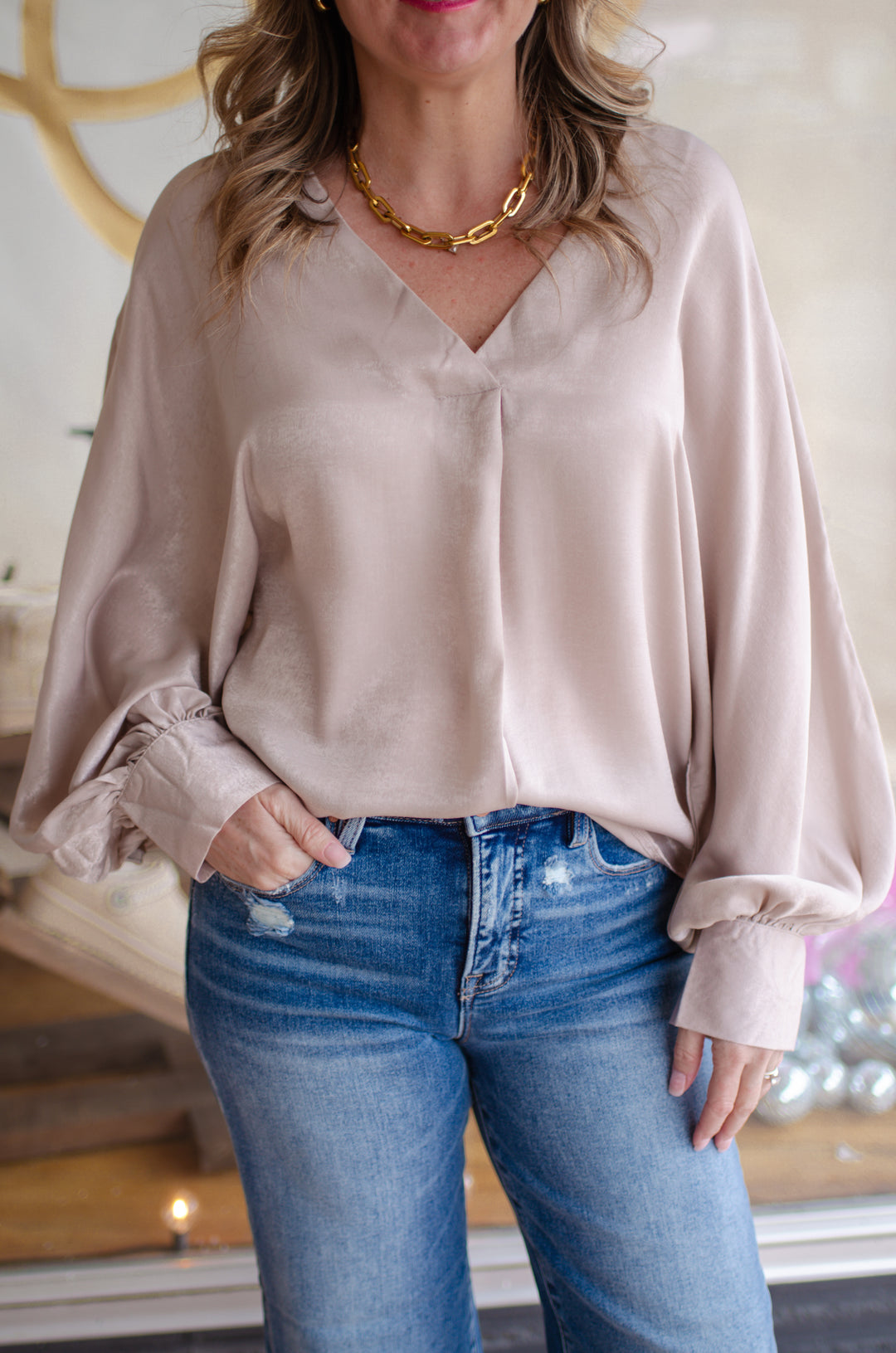 One True Love V-Neck Silky Long Sleeve Top in Champagne