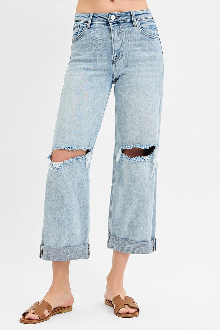 Risen Mid Rise Boyfriend Fit Cut Off Jeans in Light Wash