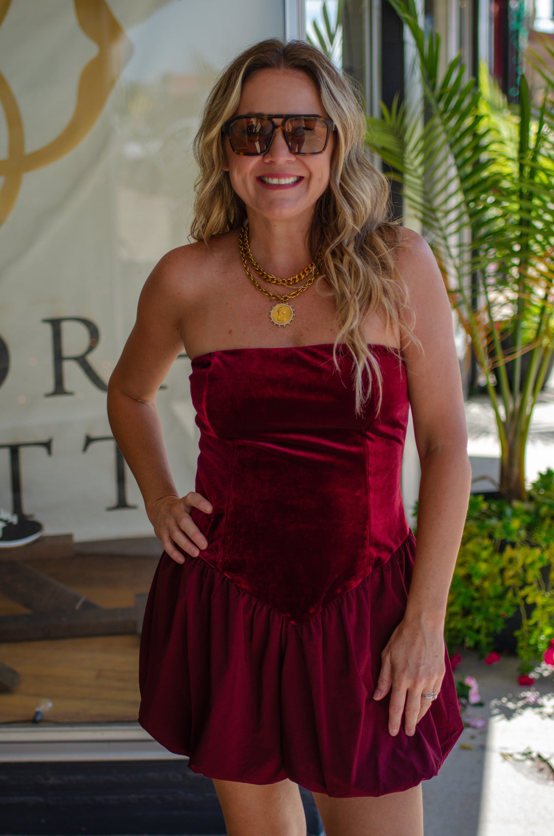 Take Me Out Velvet Strapless Bubble Hem Dress in Wine