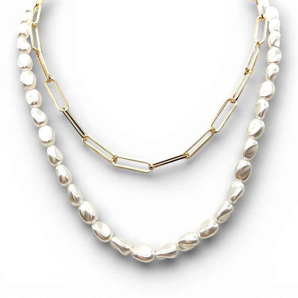 Pearl & Gold Paperclip Chain Necklace