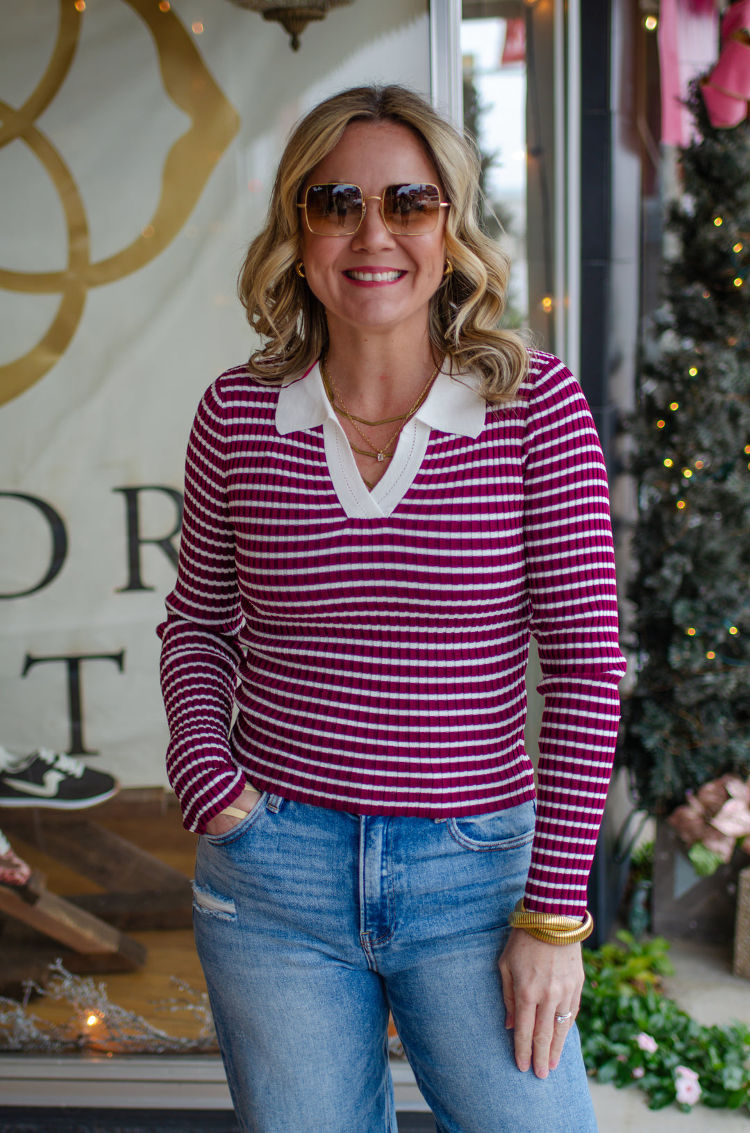 Take Heart Fitted Stripe Collared Long Sleeve in Wine & Ivory