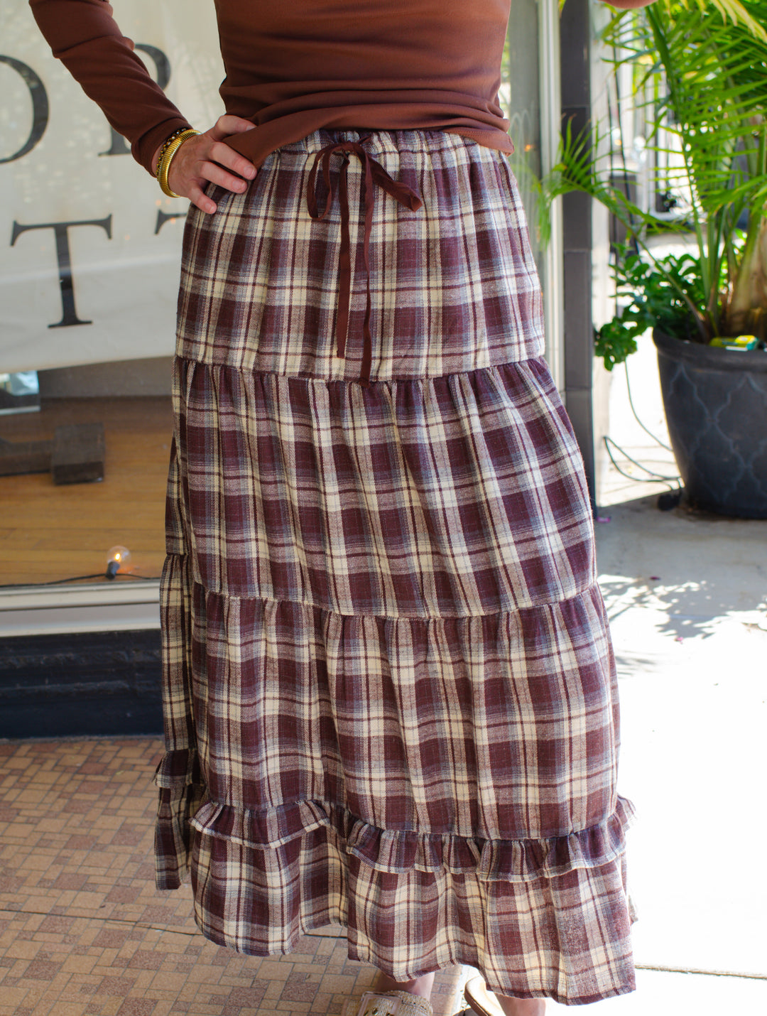 Fall Plaid Tiered Skirt in Chocolate Mix