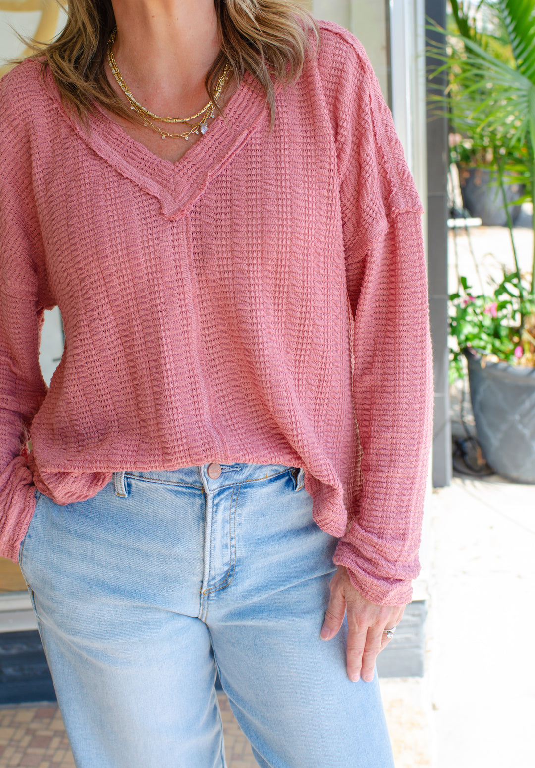 Our Time Textured V-Neck Long Sleeve Top in Mauve