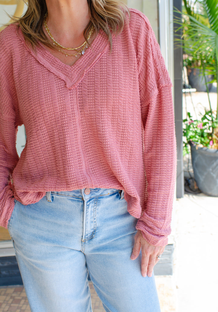 Our Time Textured V-Neck Long Sleeve Top in Mauve