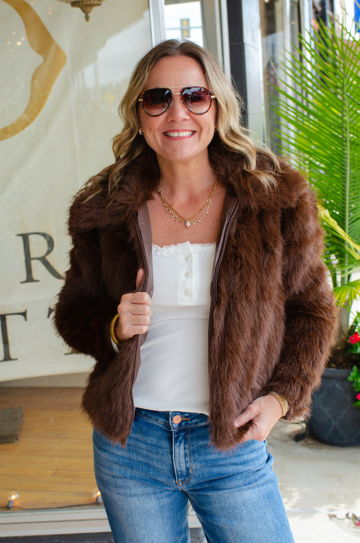 Forever Glam Fur Zip Front Jacket in Brown