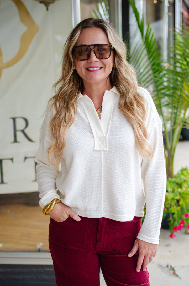 Take Your Time Split Neckline Long Sleeve Collared Top in Cream