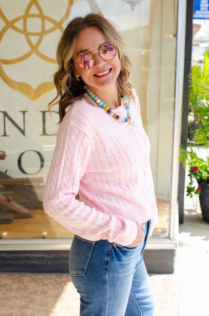 Classic Cable Knit Button Down Cardigan in Pink