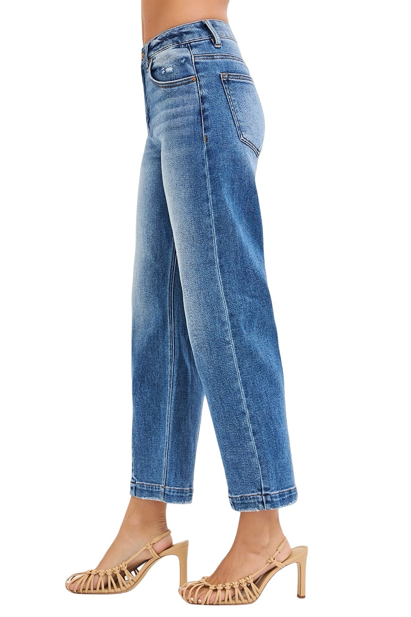 Risen High Rise Crop Boyfriend Tapered Jeans in Dark Wash
