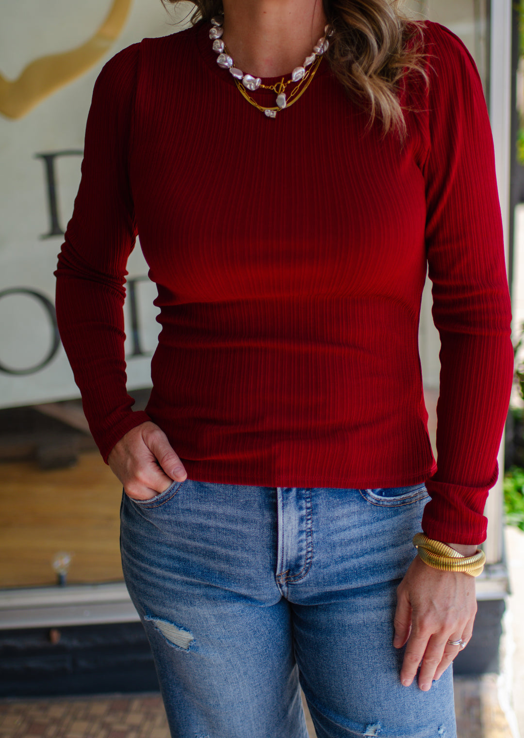 Come Back To Me Burgundy Stretch Round Neckline Long Sleeve Top