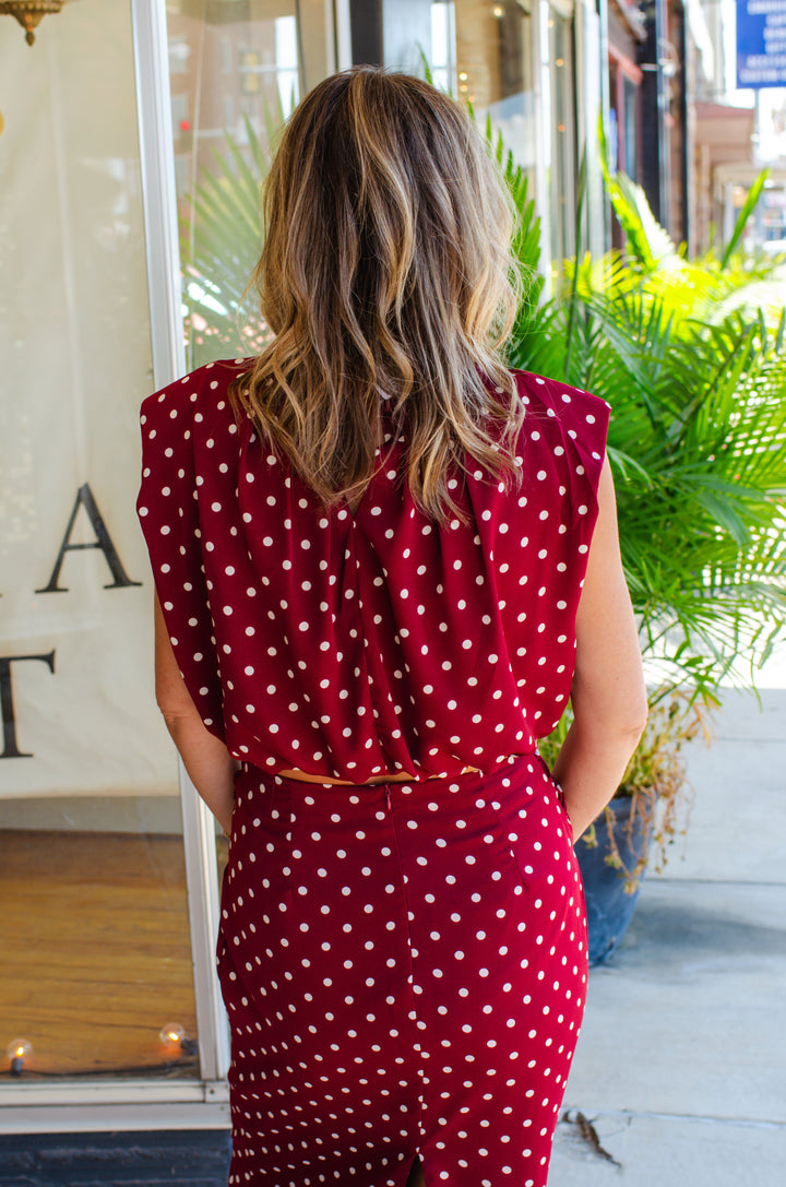 Perfectly Poised Burgundy Polka Dot Twist Front Midi Skirt