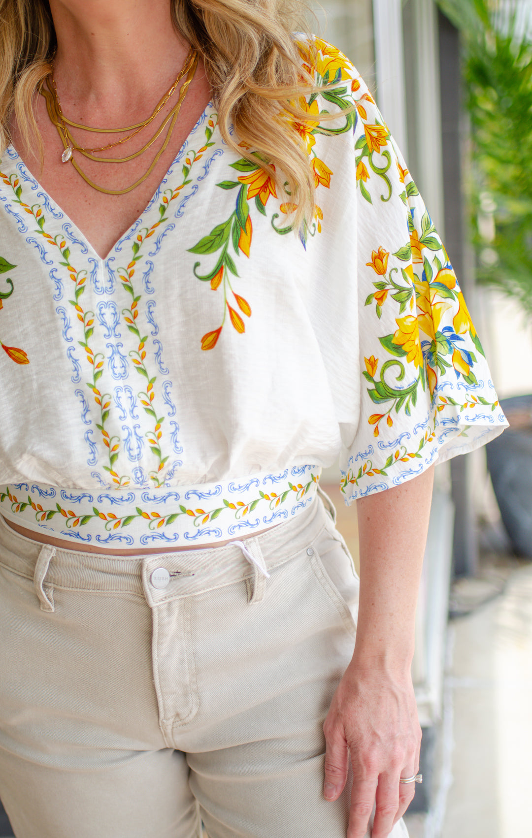 Amalfi Coast Floral Printed Kimono Sleeve Top in Yellow