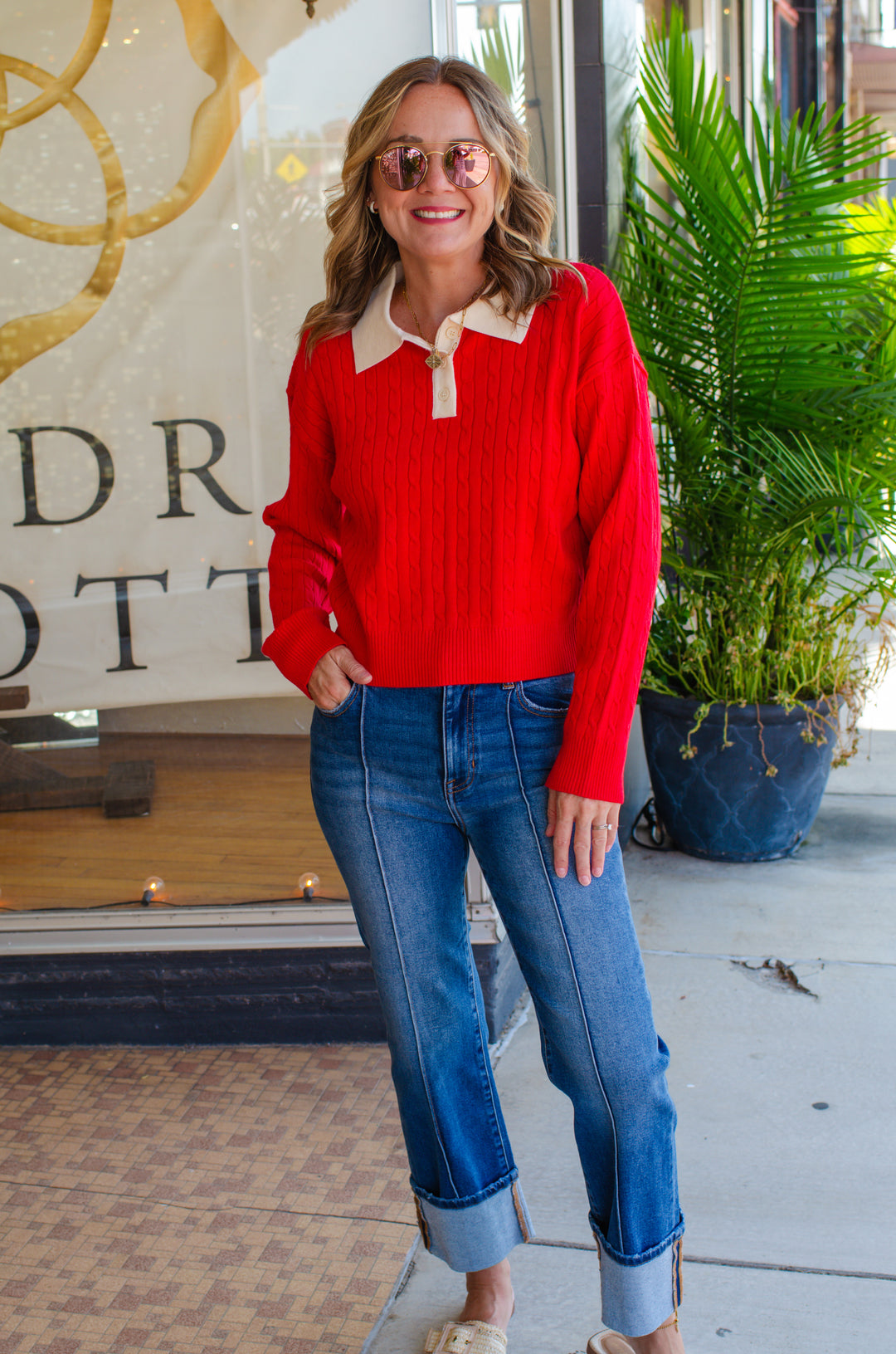 Preppy Way Collared 2-Tone Cable Knit Sweater in Red