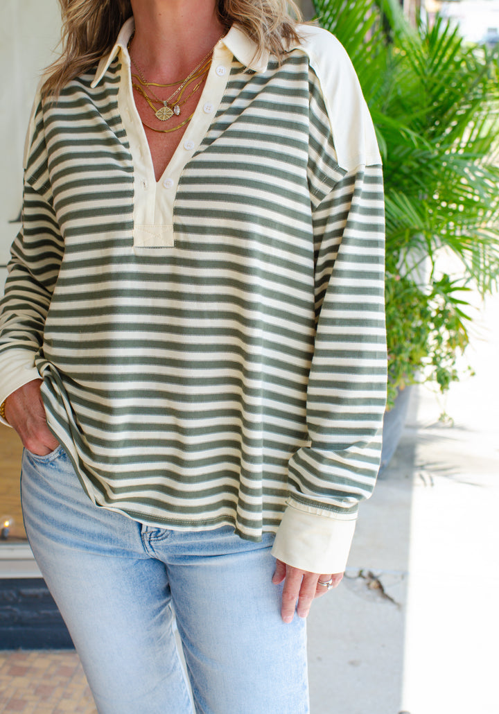 Fall Feels Stripe Henley Sweatshirt in olive & cream