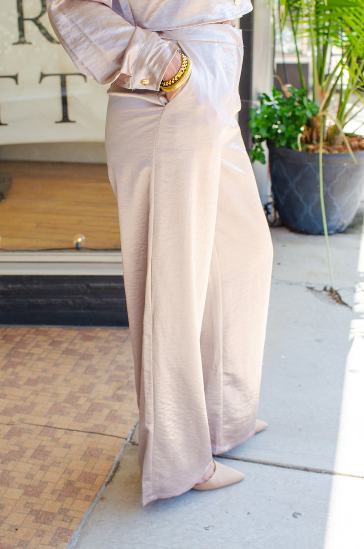 At First Glance Satin High Rise Wide Leg Pant in Champagne