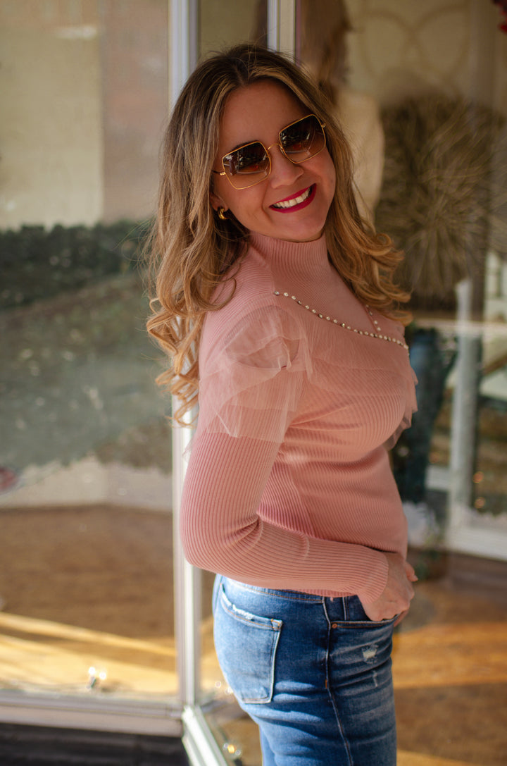 Pink Tulle Rhinestone Sweater