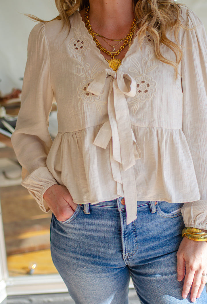 Sweet Surrender Eyelet Crochet Tie Front Long Sleeve in Beige