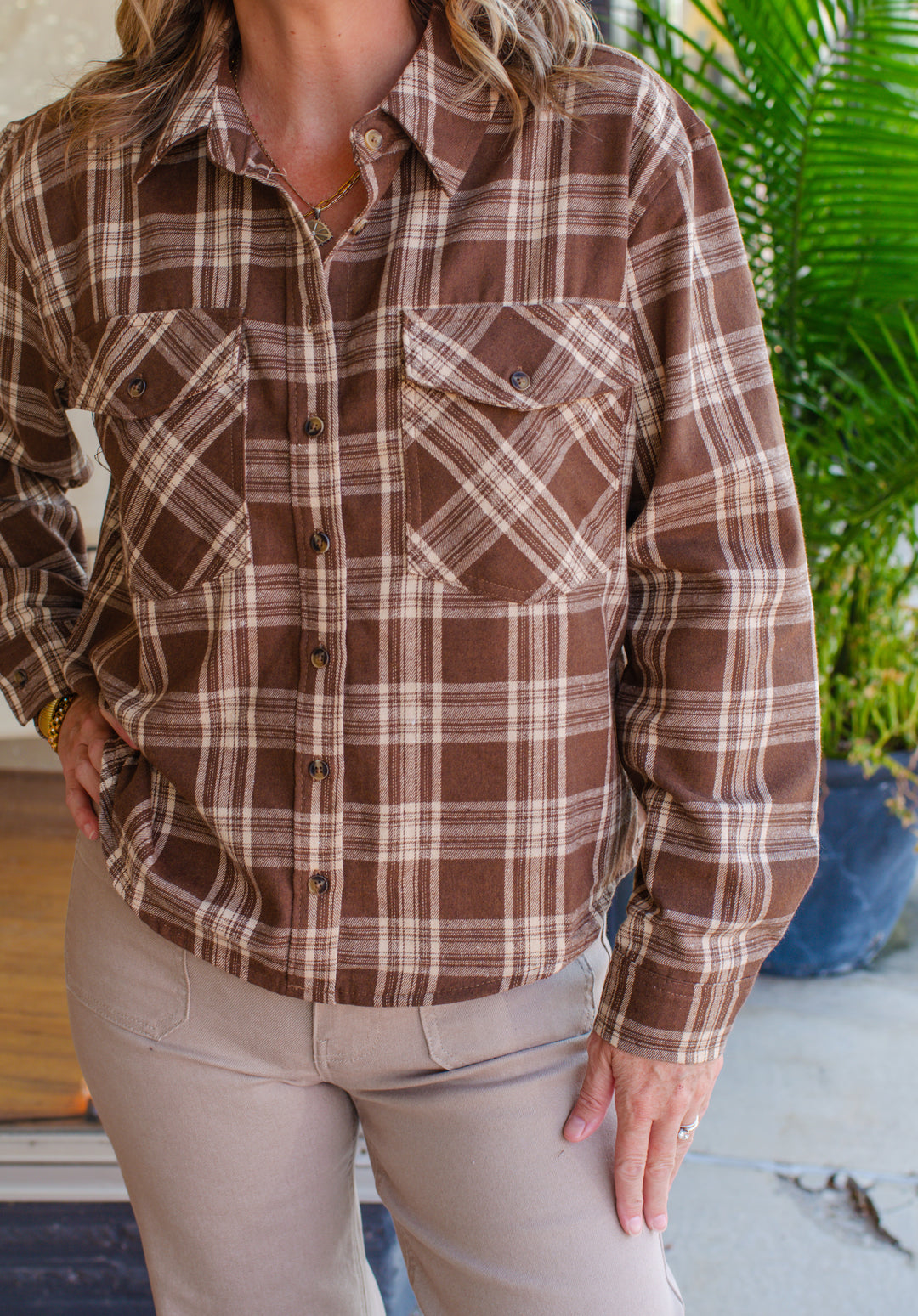 Bonfire Plaid Button Down Flannel in Brown/Cream Mix