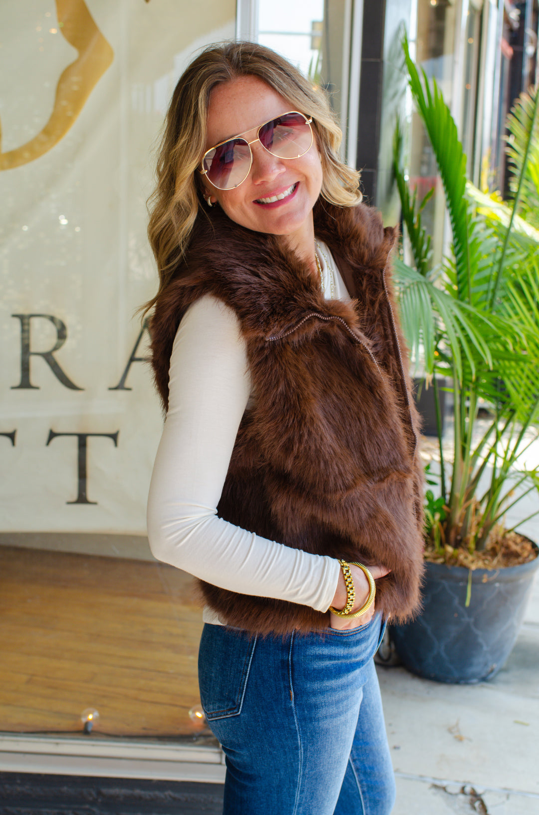 So Chic Fur Zip Front Vest in Brown