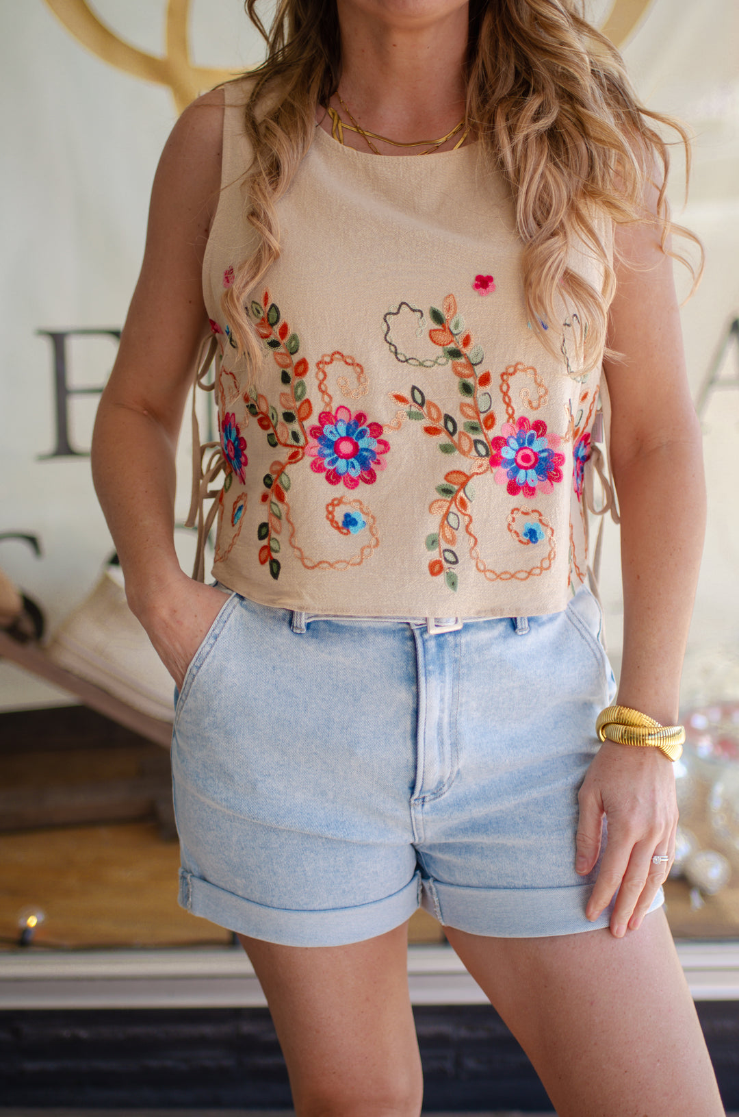 Floral Embroidered Beige Tank with Tie Side Tank