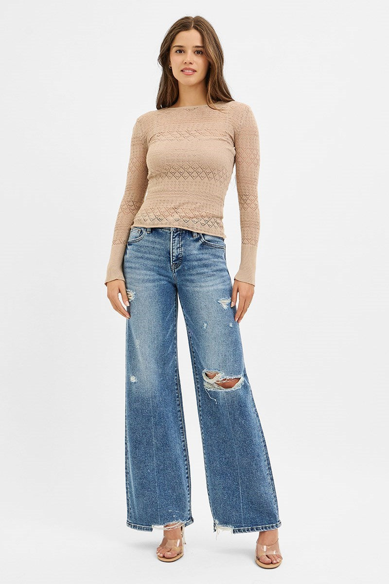 Risen Mid Rise Tummy Control Wide Jeans in Medium Wash