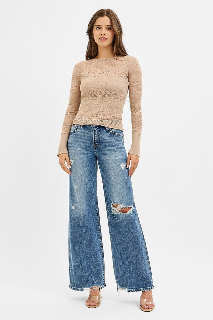 Risen Mid Rise Tummy Control Wide Jeans in Medium Wash