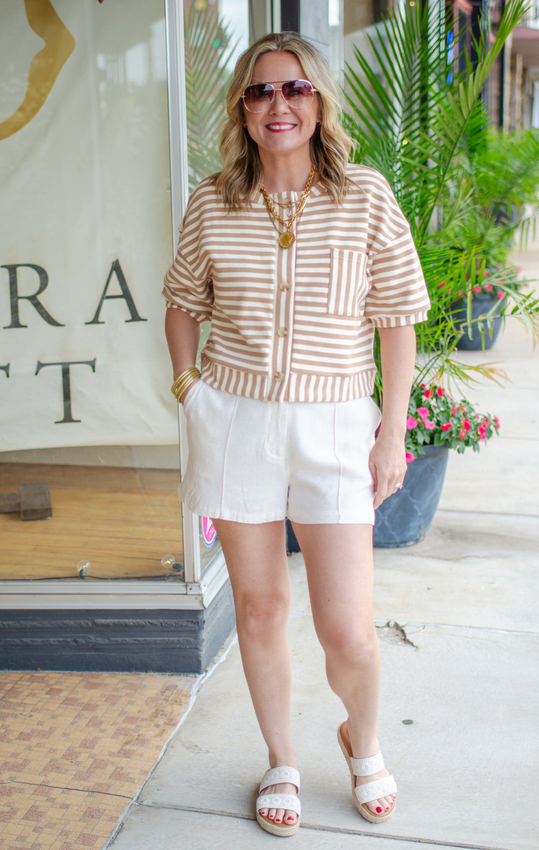 Bold Moments Stripe Pocket Short Sleeve Top in Khaki