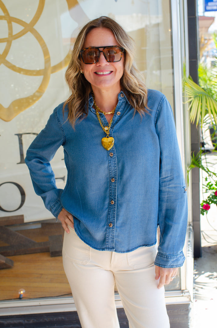 Skip A Beat Chambray Button Down Long Sleeve Top
