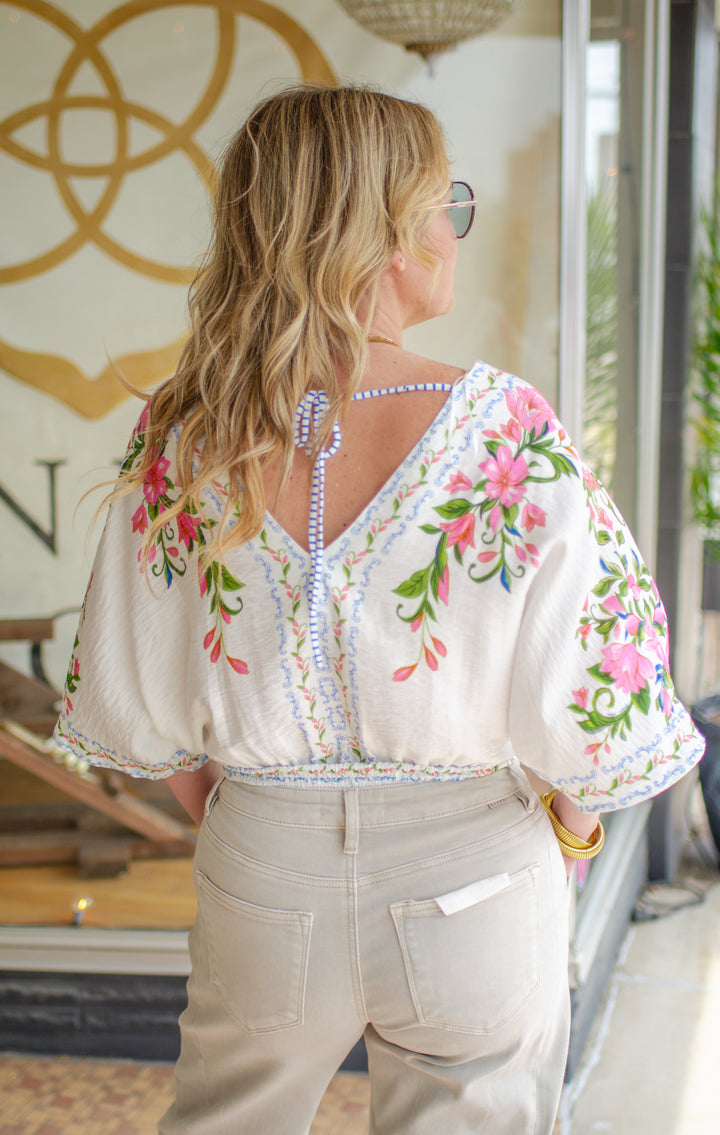 Amalfi Coast Floral Printed Kimono Sleeve Top in Pink