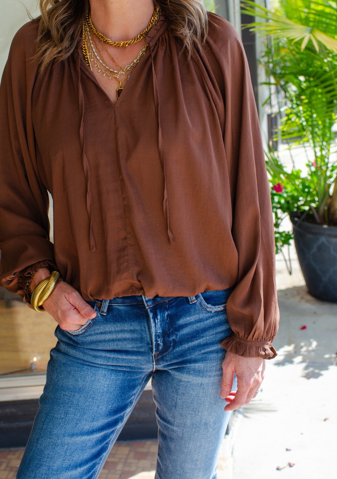 Dreaming Of You Boho Tie Front Blouse in Chocolate Brown